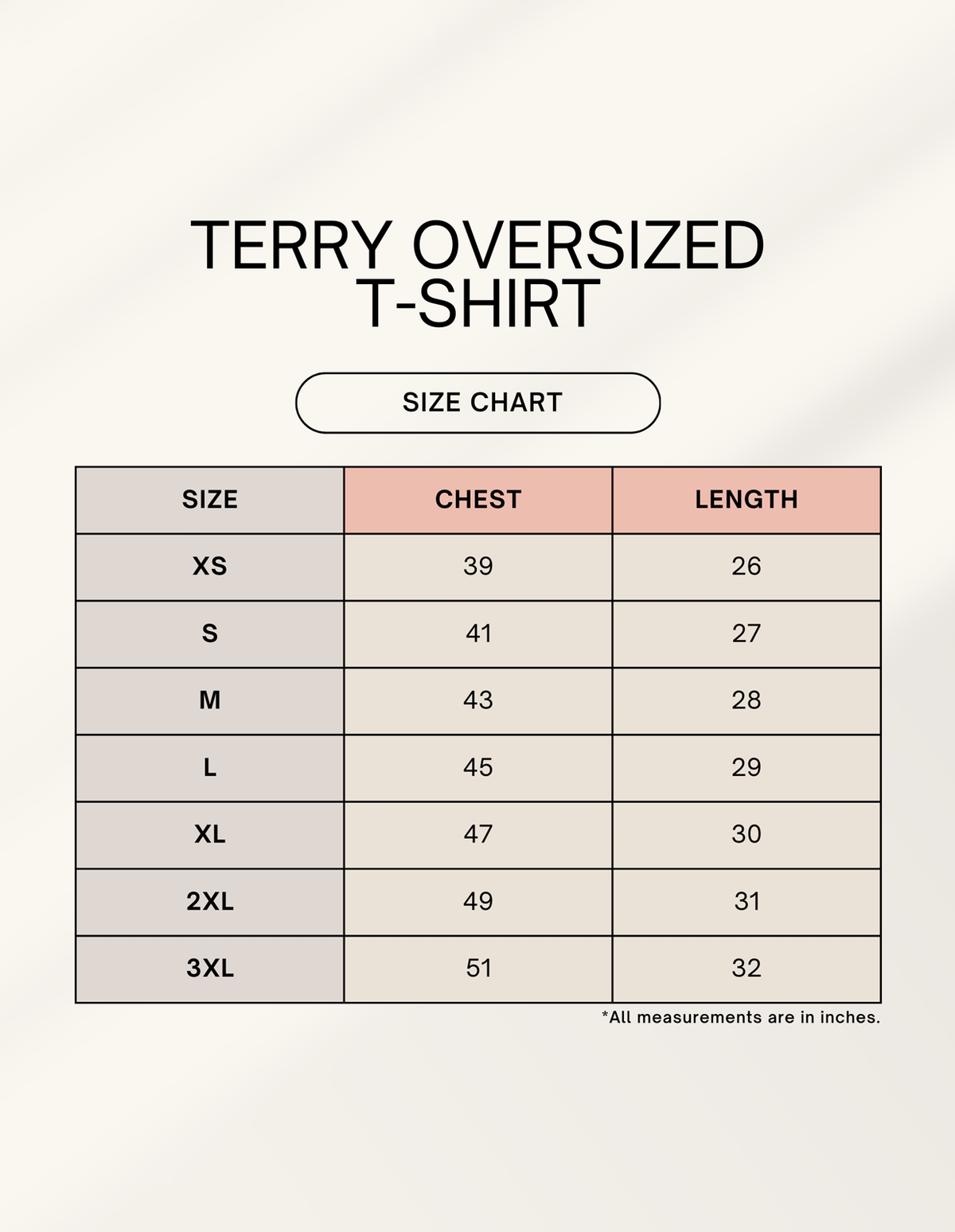 Terry oversized tee size chart