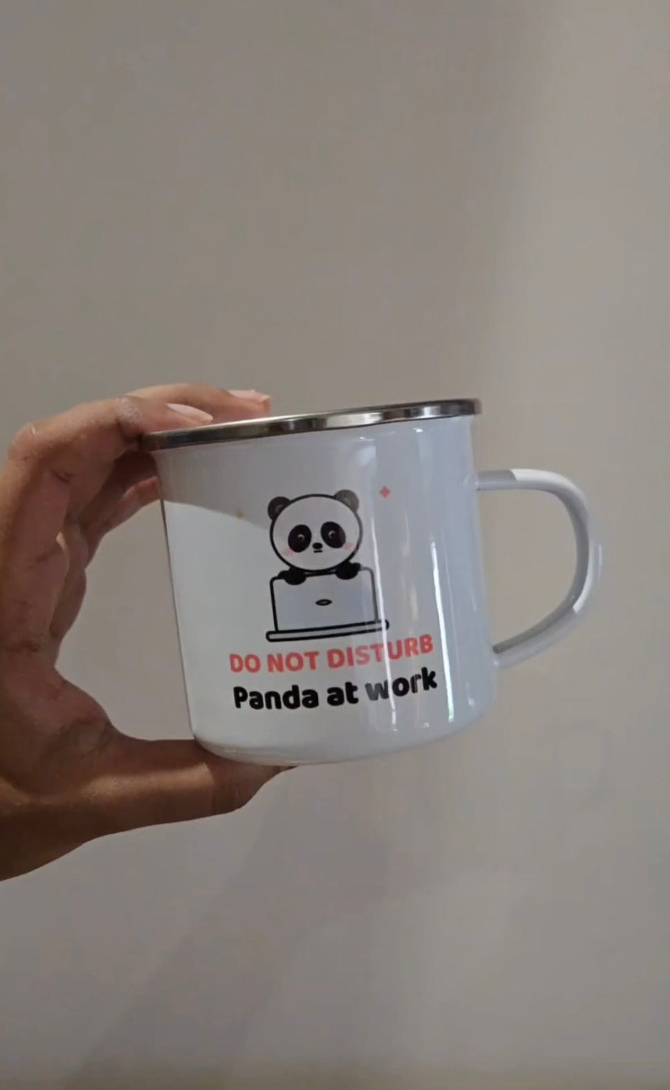 Customer photo: Do Not Disturb Panda enamel mug (shared by Hargun)