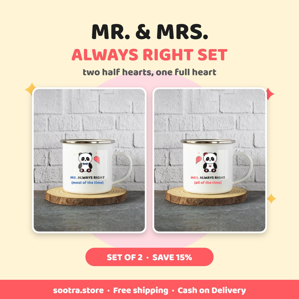 Mr. and Mrs. Always Right couple gift set of two white enamel mugs, set of 2 save 15 percent