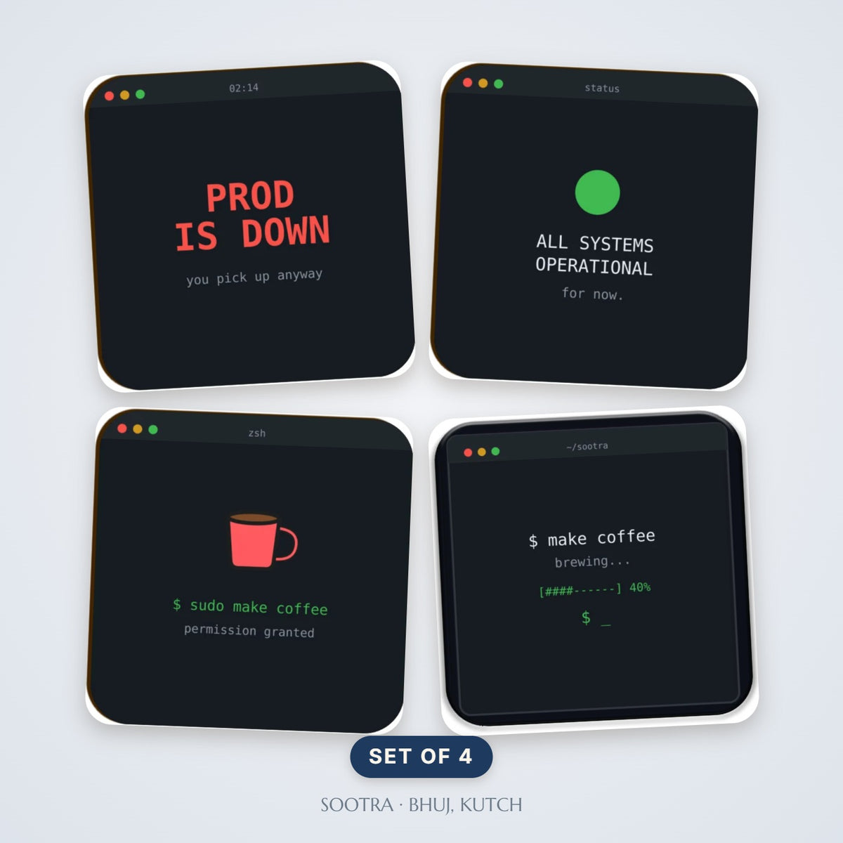 Developer desk coaster set of four with terminal artwork