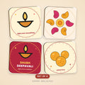Diwali coaster set of four: diya, marigold rangoli, Shubh Deepavali and mithai