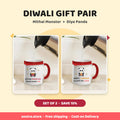 Diwali gift pair of two magic mugs - Mithai Monster and Diya Panda, set of 2 save 15 percent