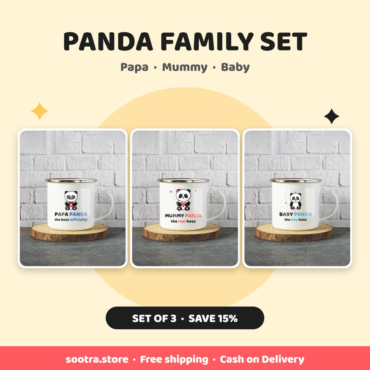 Panda Family gift set of three enamel mugs - Papa, Mummy and Baby Panda, set of 3 save 15 percent