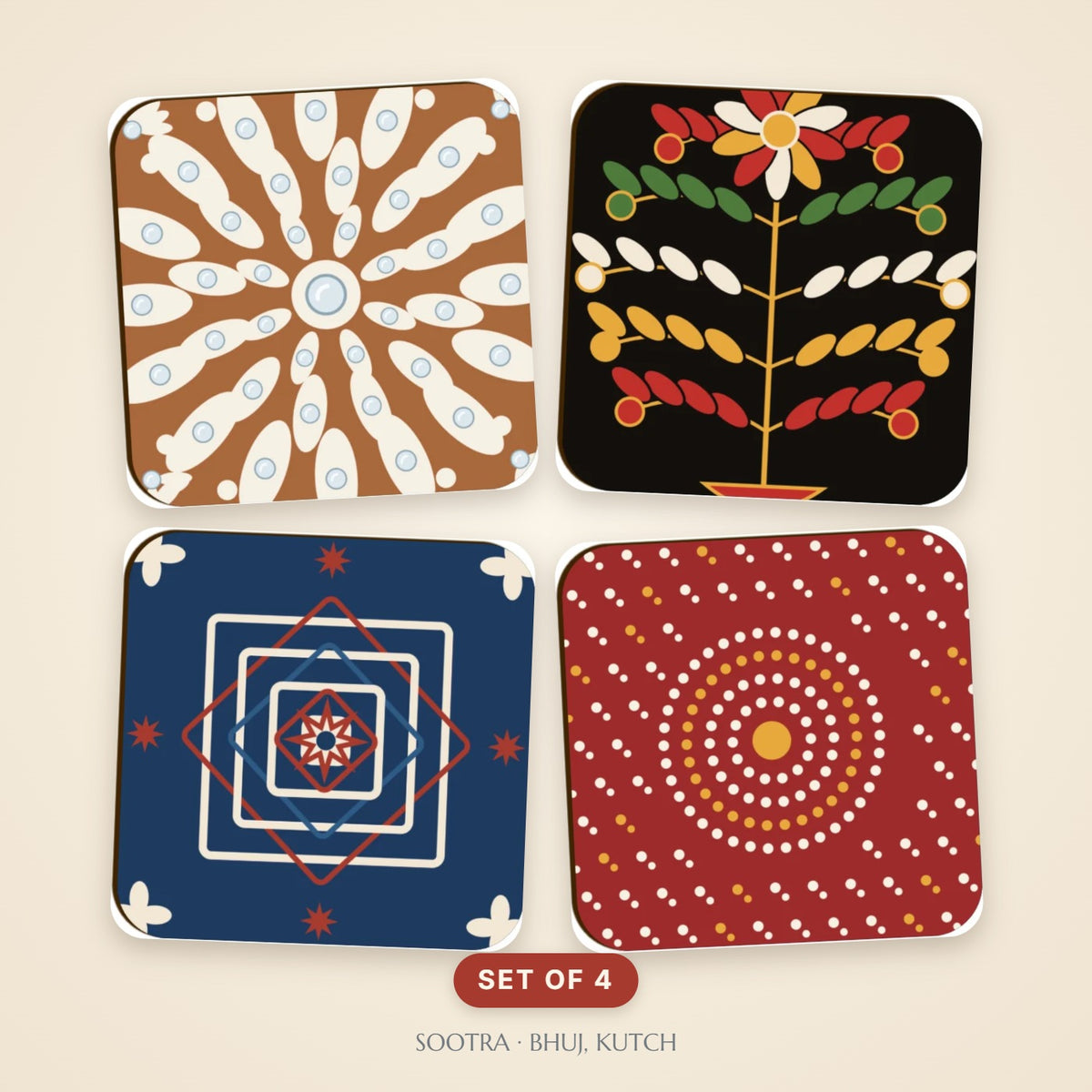 Kutch coaster set of four: Lippan, Rogan, Ajrakh and Bandhani patterns